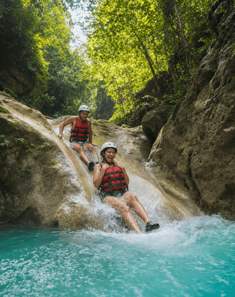 Two travellers in red life vests slide down a natural rock chute into a turquoise canyon pool at Kawasan Falls, Cebu.