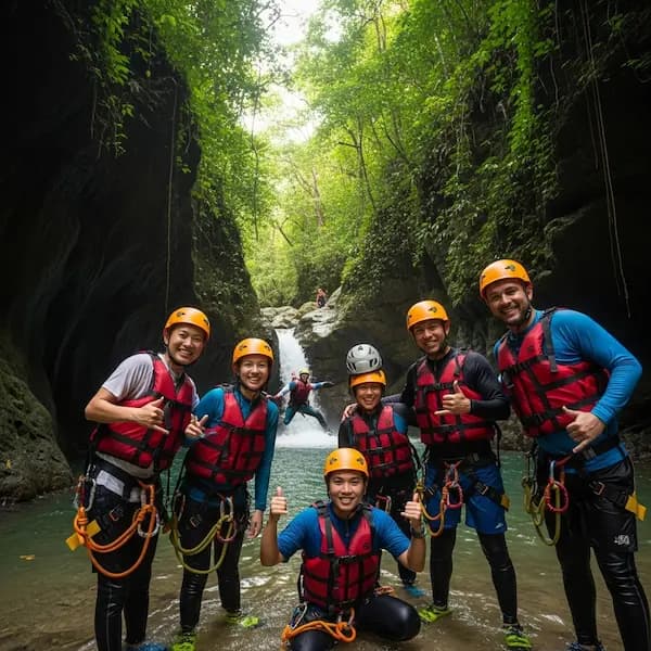 Full Kawasan Falls Canyoneering Course showing safety helmets and life vests